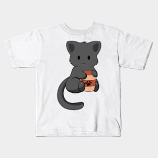 Black Cat with Coffee Kids T-Shirt